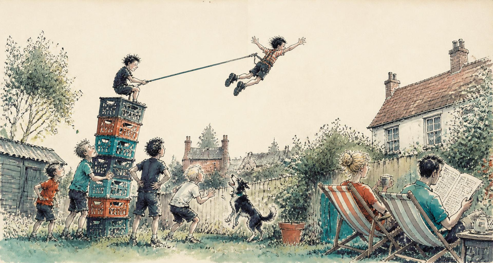 Pen-and-wash illustration of a boy flying through the air above a 1990s back garden as milk crates tumble, while his mum pegs washing and his dad reads a newspaper, both facing away