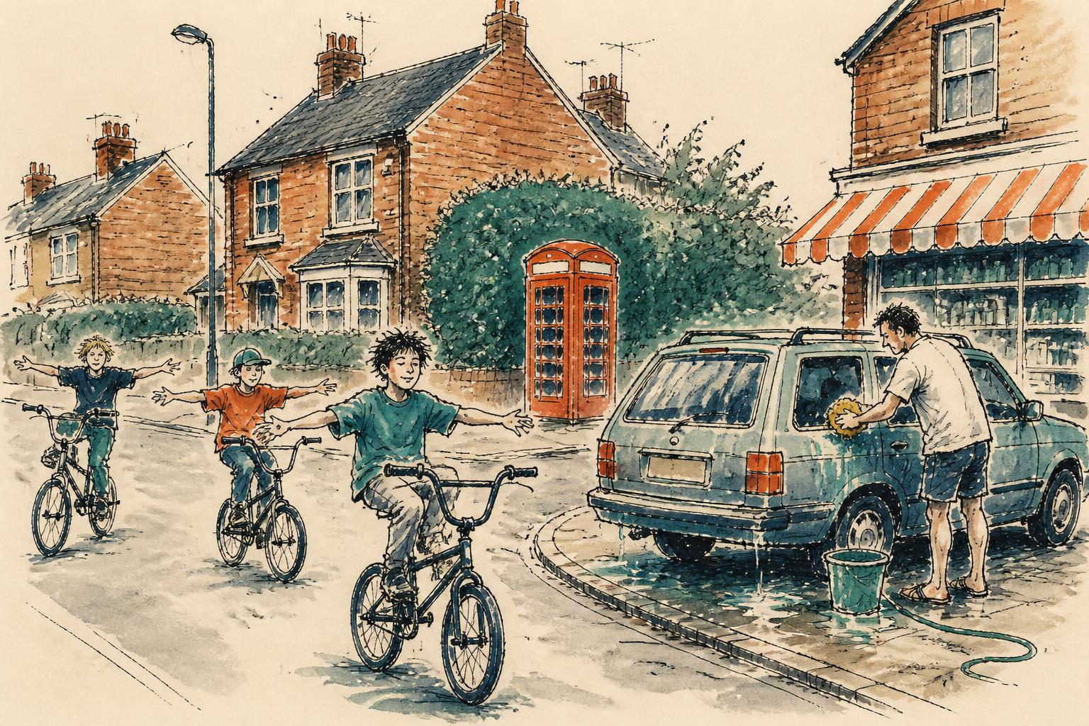 Pen-and-wash illustration of a 1990s Essex village street with kids freewheeling past a red phone box while a dad washes his car, facing away