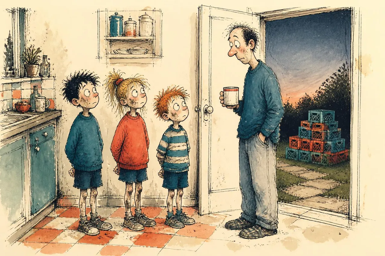 Two children hurriedly tidying the evidence while a grown-up walks past behind them